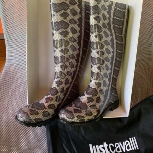 Just Cavalli Wellington Rain Snakeskin Pattern Boots Size 6 NEW - Picture 1 of 10